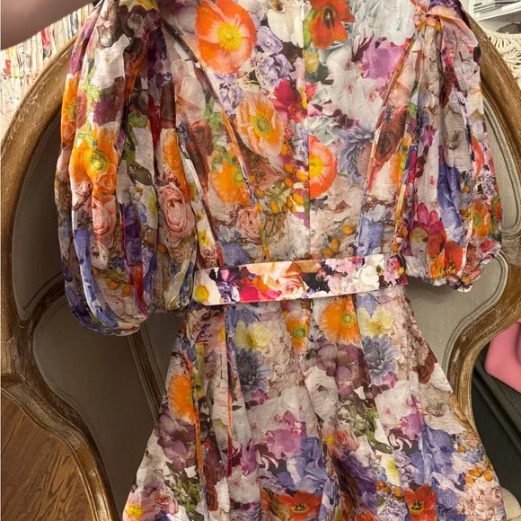 Zimmermann Prima Belted Floral Puff-Sleeve Linen and Silk V-Neck Mini Dress - Picture 6 of 6